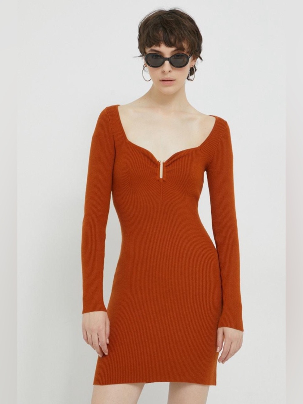 Abercrombie & Fitch Ribbed Long-Sleeve Dress in Rust Orange